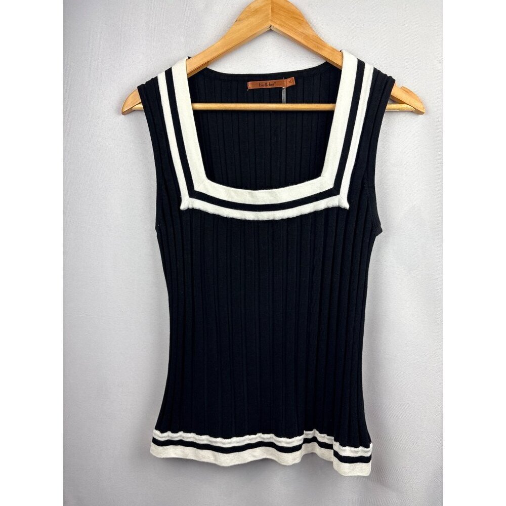 Belldini Womens XL Navy & White Ribbed Sleeveless Knit Top With Square Neckline